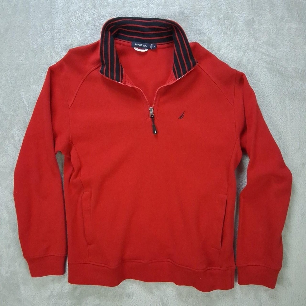 Nautica Mens Quarter Zip Pullover Sweatshirt Red Medium Striped Collar Logo